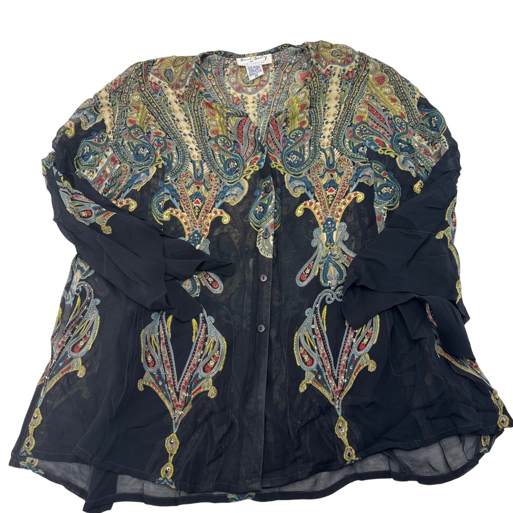 Rene Derhy Collection Paisley Sequin Sheer Rayon Ruffle Sleeve Blouse Medium